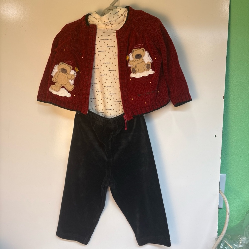 Adorable Kids Matching Set with Bear Design - Red and Black size 12 months